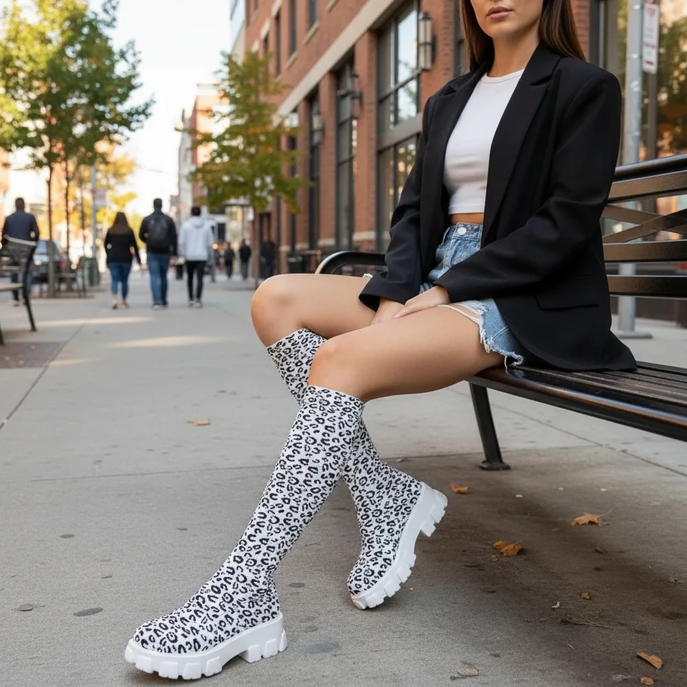 Leopard Chunky Platform Knee High Sock Boots Stretch Mesh Knit Block Heel Shoes